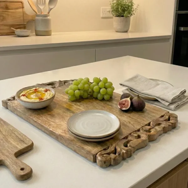 Hand-carved wooden serving board with decorative floral ends by HandiGlobe