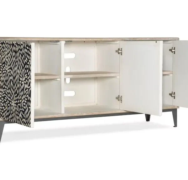 Luxury handmade floral bone inlay sideboard cabinet viewed from an angled perspective showcasing artisan craftsmanship