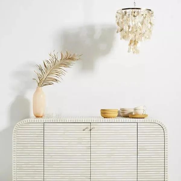 Handcrafted white linear bone inlay sideboard cabinet by HandiGlobe