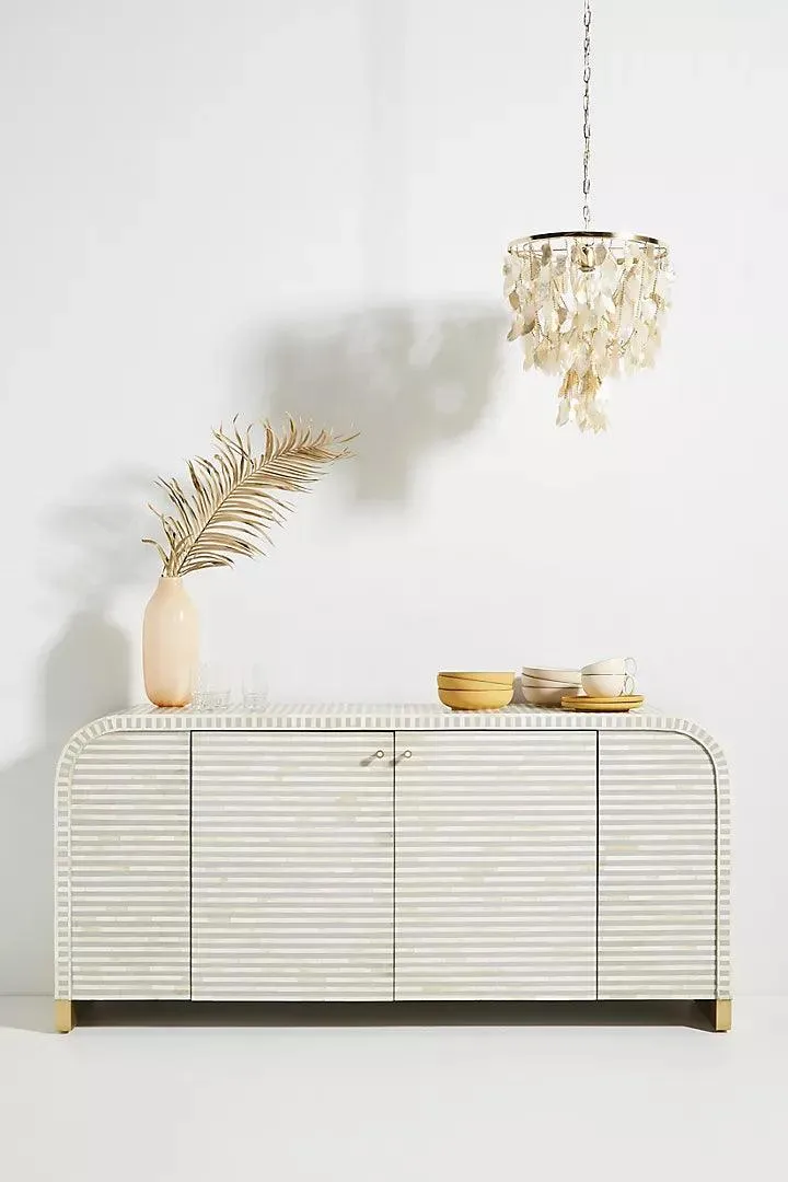 White Linear Bone Inlay Sideboard Cabinet Handcrafted white linear bone inlay sideboard cabinet by HandiGlobe