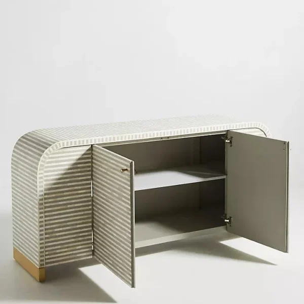 Handcrafted white linear bone inlay sideboard cabinet by HandiGlobe