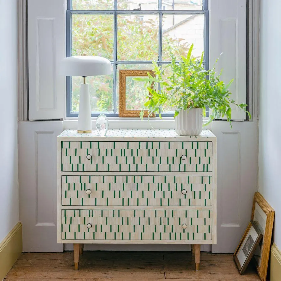 White & Green Bone Inlay 3-Drawer Chest Handcrafted white and green bone inlay 3-drawer chest by HandiGlobe
