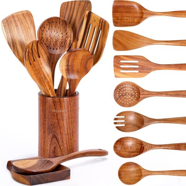 Wooden kitchen utensil set with holder and spoon rest
