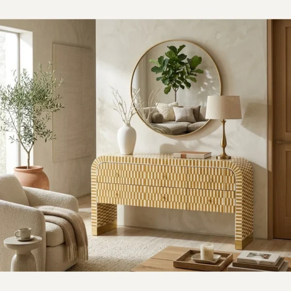 Handcrafted gold and white bone inlay console table