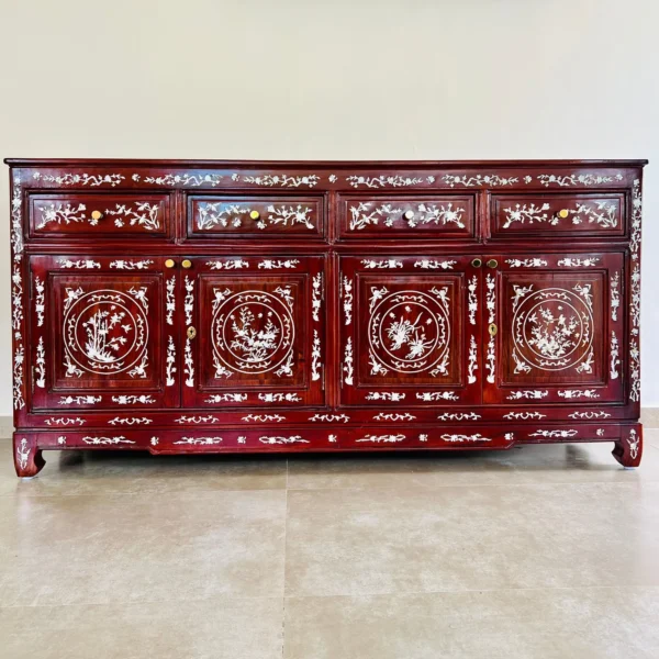 Handcrafted Mother of Pearl Inlay Sideboard Cabinet with Floral Design in Solid Wood