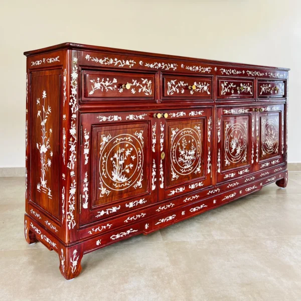 Luxury Mother of Pearl Inlay Wooden Sideboard Cabinet with Traditional Floral Pattern