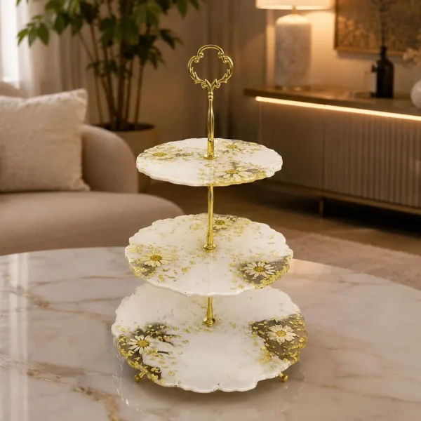 3 tier resin cookie and dessert stand with floral gold detailing
