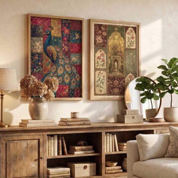 Set of two framed peacock and floral wall art posters