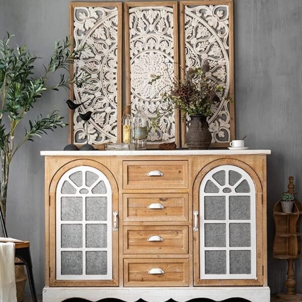 Three piece carved wooden wall art with floral mandala pattern