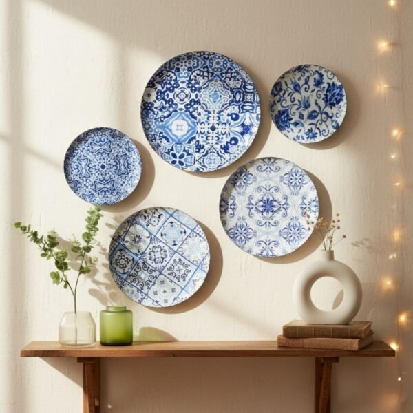 Hand-painted blue and white wooden wall panels on wall