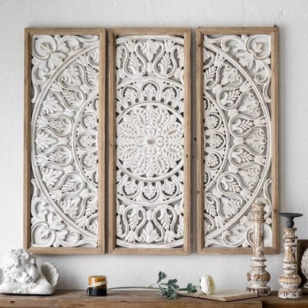 Handcrafted three panel carved wooden wall art with white floral design
