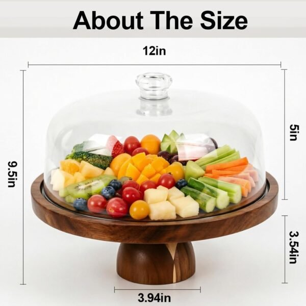 Round wooden serving stand with glass dome for desserts and fruit