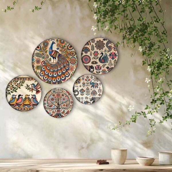 Five-piece wooden wall art set displayed on interior wall
