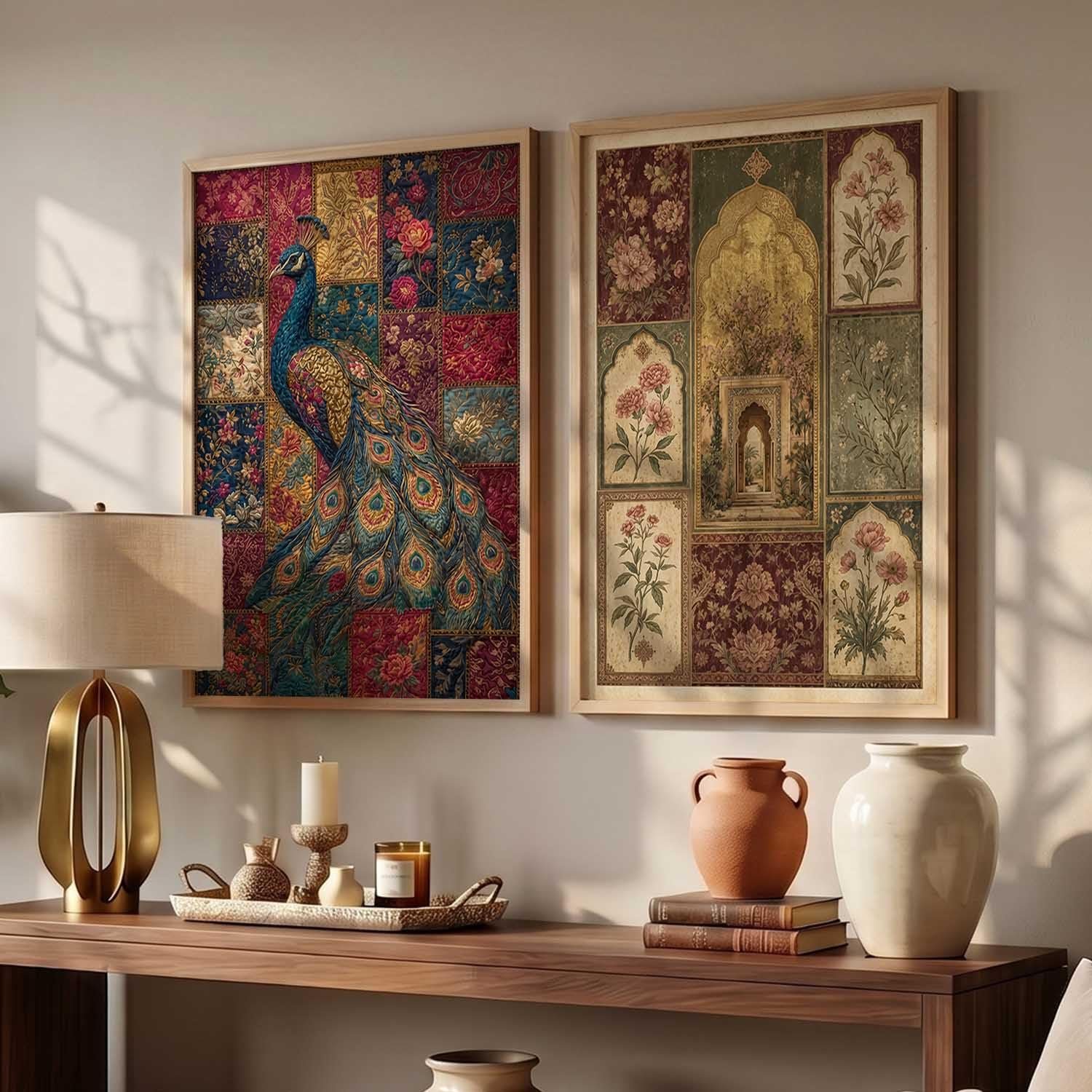 Set of two framed wall art posters displayed in living room Set of two framed wall art posters displayed in living room