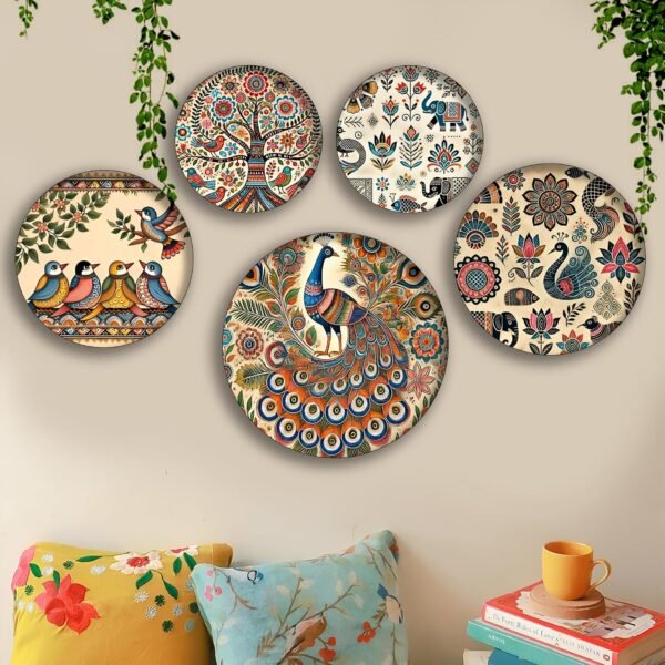Hand-painted wooden wall art set with peacock and Indian folk designs