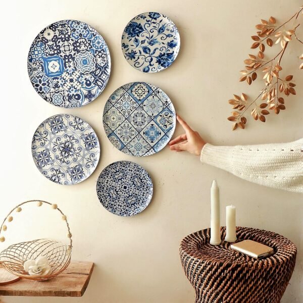 Blue and white hand-painted wooden wall art collection
