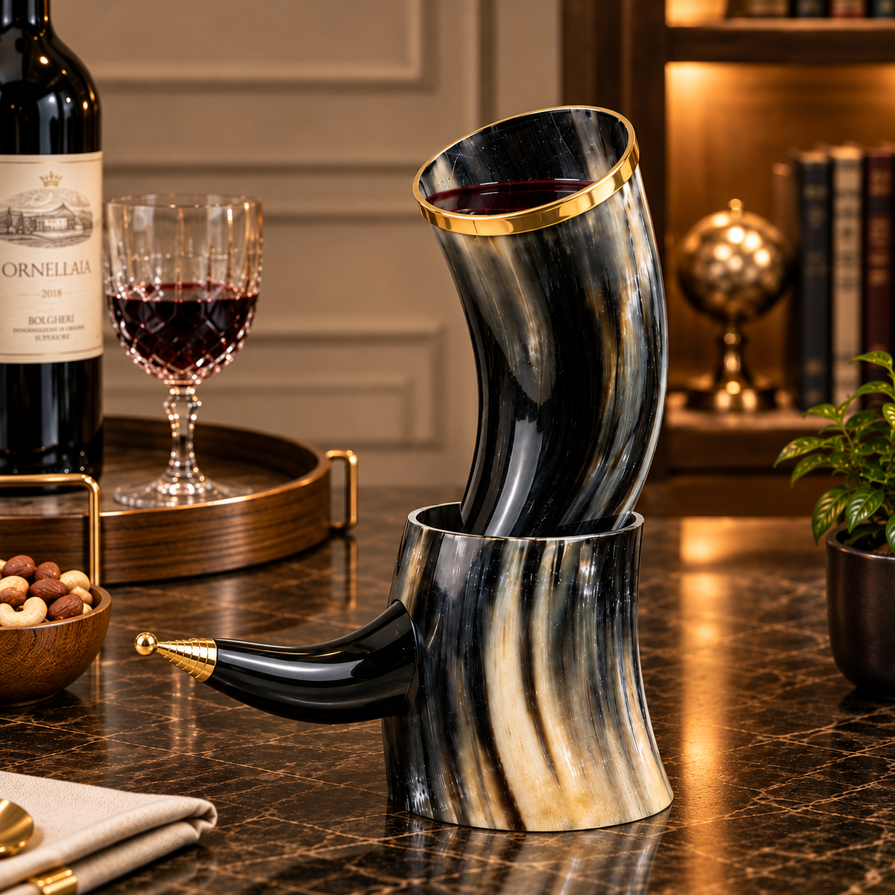 Natural ox horn mug with detachable stand and brass rim