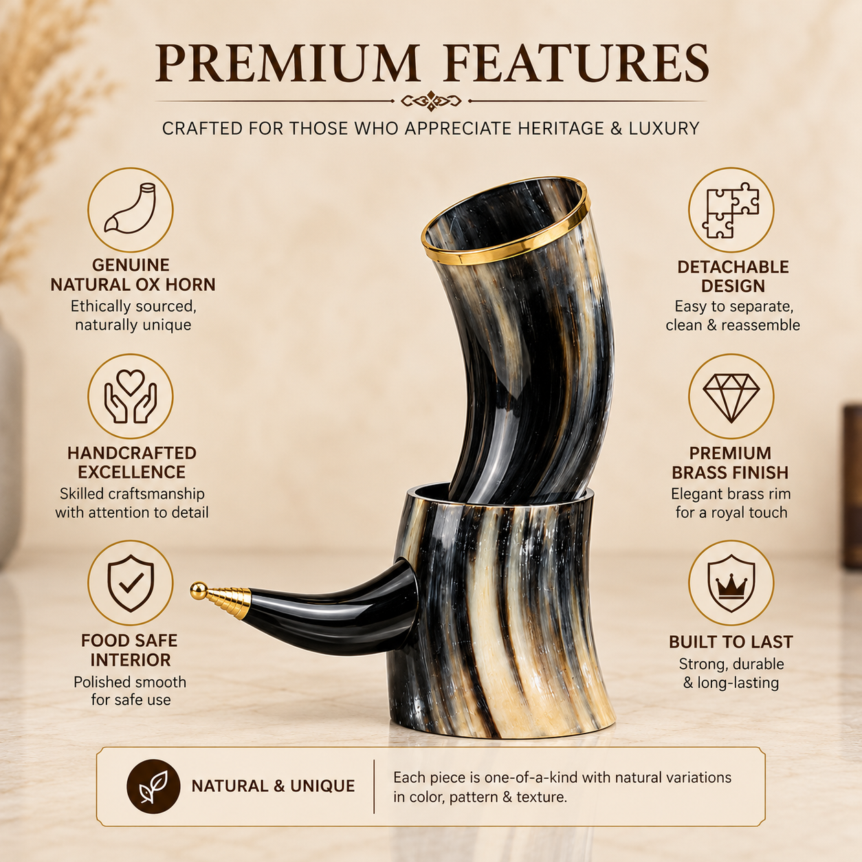 Natural ox horn mug with detachable stand and brass rim Natural ox horn mug with detachable stand and brass rim