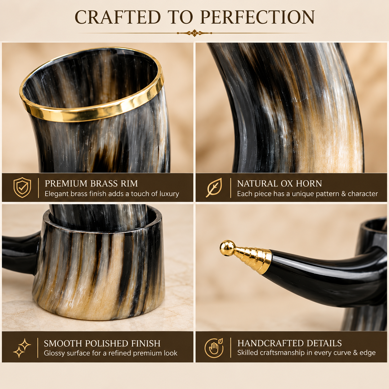 Natural ox horn mug with detachable stand and brass rim Natural ox horn mug with detachable stand and brass rim