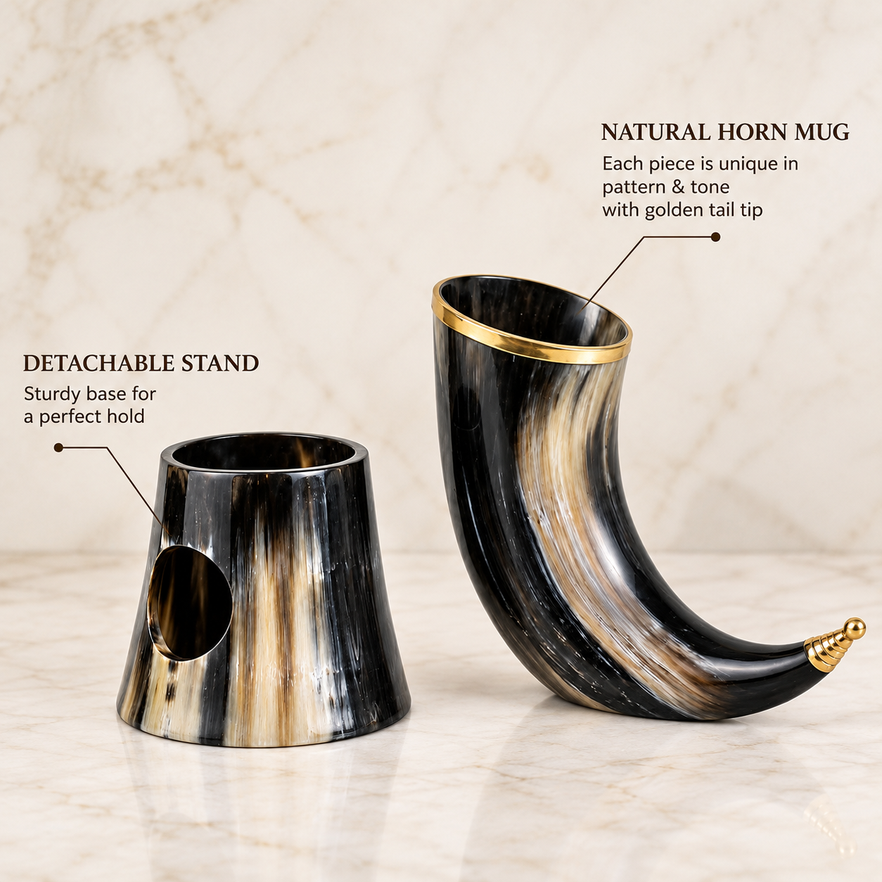 Natural ox horn mug with detachable stand and brass rim Natural ox horn mug with detachable stand and brass rim