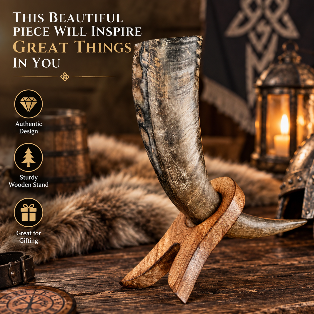 Natural Horn Drinking Horn Display Stand Natural horn drinking horn displayed on handcrafted wooden stand