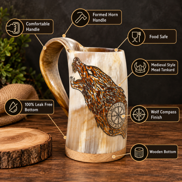 Natural horn Viking tankard with engraved wolf and Nordic compass design