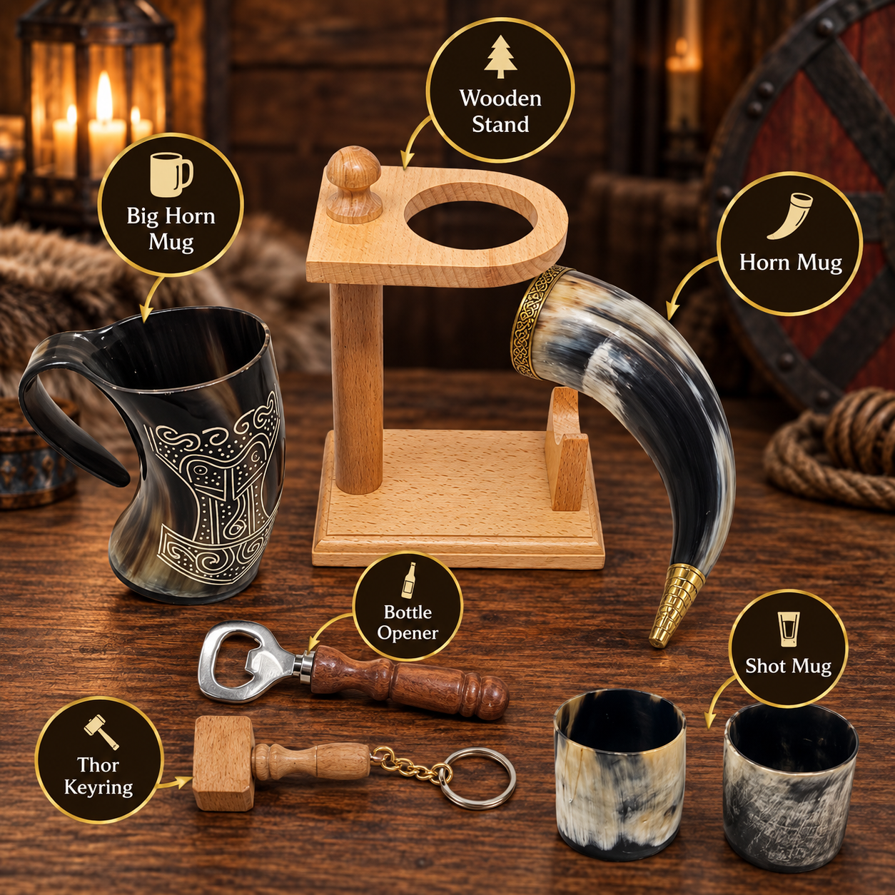 Natural Horn Drinking Horn Display Stand Natural horn drinking horn displayed on wooden tabletop stand