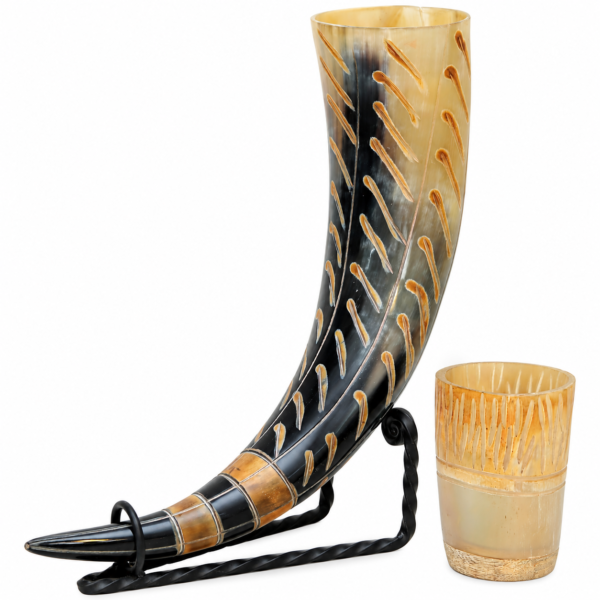 Natural horn drinking horn with metal stand and matching cup
