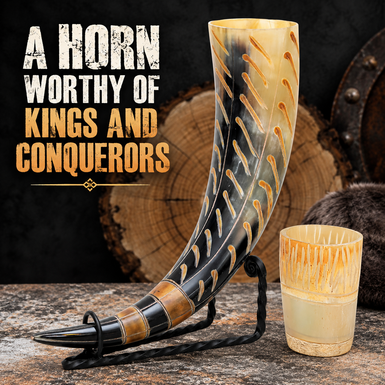 polished-natural-horn-drinking-horn.webp Polished natural horn drinking horn with carved pattern