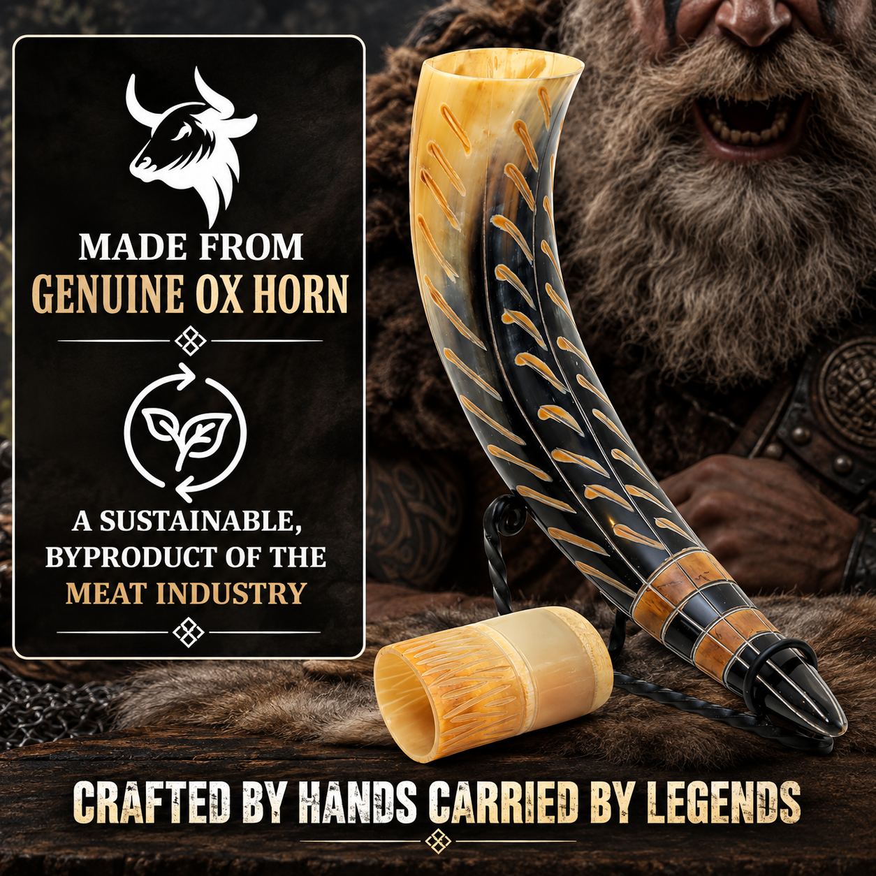 natural-horn-drinking-horn-metal-stand.webp Natural horn drinking horn displayed on metal stand