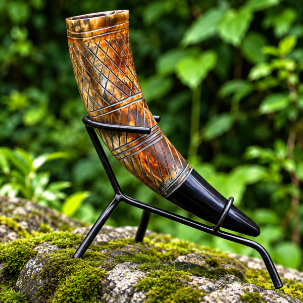 Close-up of engraved natural horn drinking horn with geometric pattern