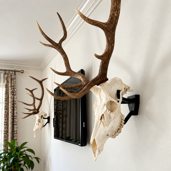 Antler skull wall mount displayed on interior wall