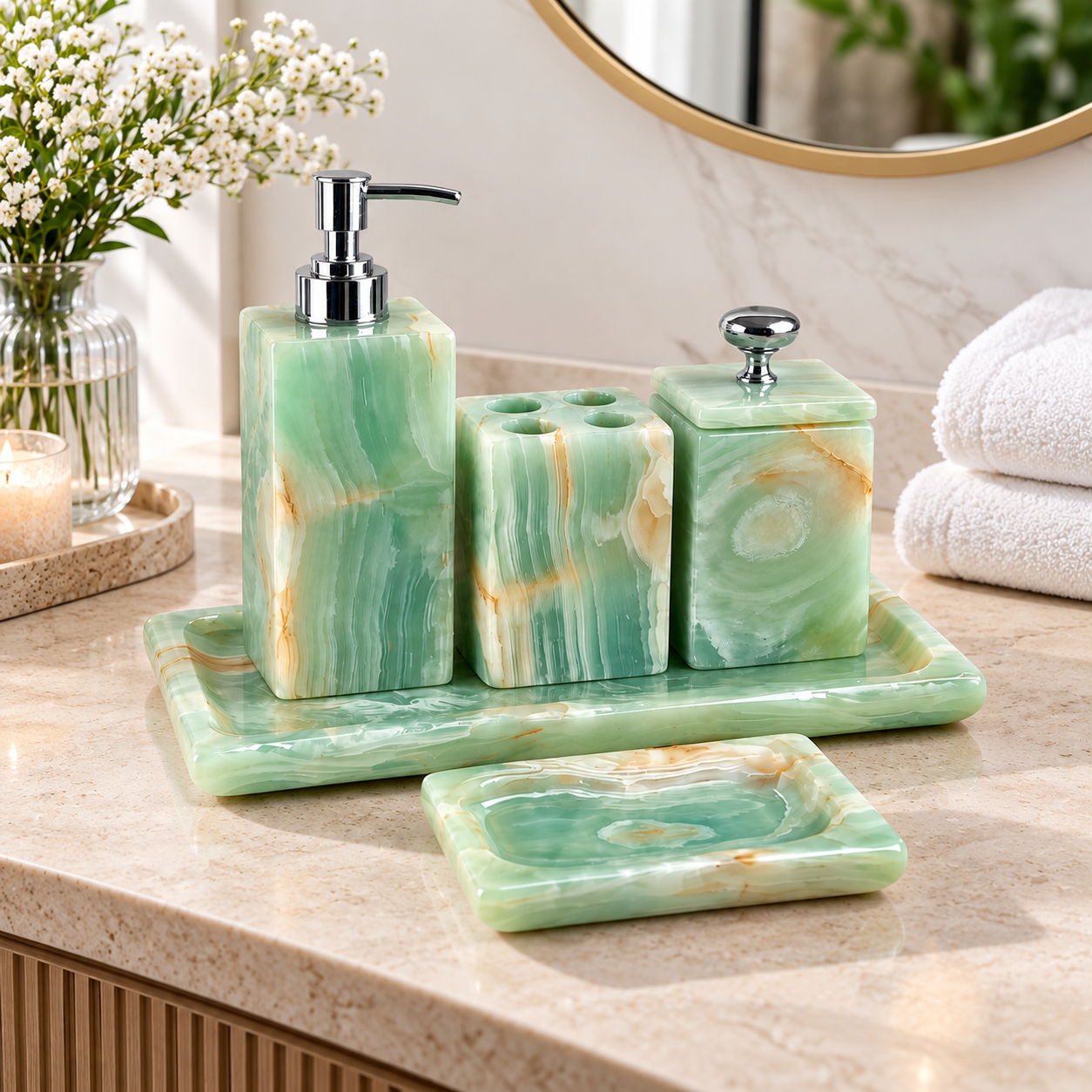Handcrafted green onyx bathroom accessories with natural veining Handcrafted green onyx bathroom accessories with natural veining