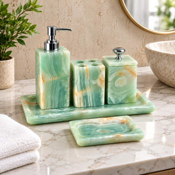 Green onyx bathroom accessories set with vanity tray