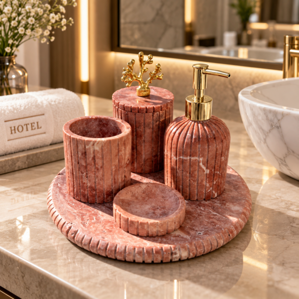Reddish pink natural stone bathroom accessories set with vanity tray