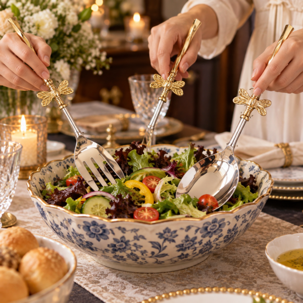 Steel and brass serving utensil set used for serving salad