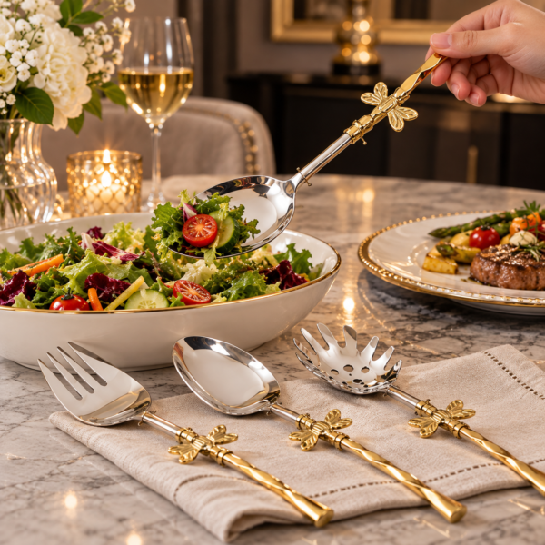 Luxury steel serving spoon with ornate brass butterfly handle