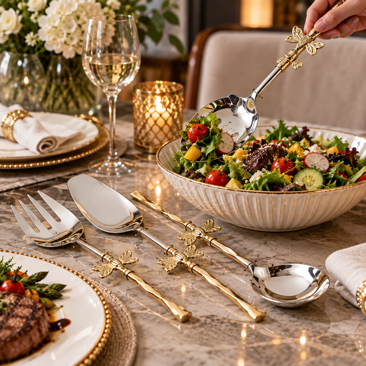 steel-brass-serving-utensils-table.webp Steel and brass serving utensil set with decorative handles