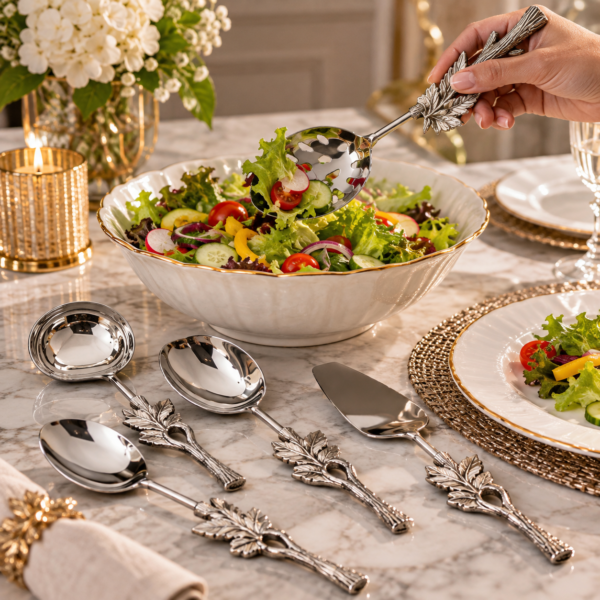 Stainless steel brass serving utensil set with ornate resin handles