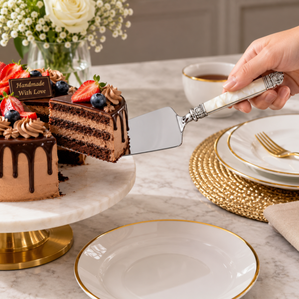 Mother of pearl cake knife and server set serving luxury wedding cake