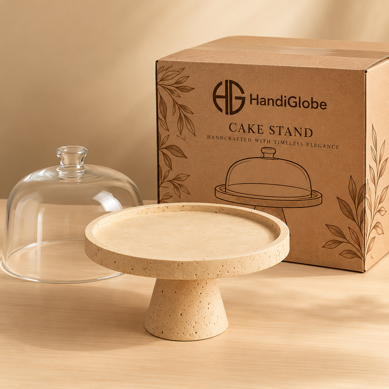 Beige ceramic dessert stand with transparent glass dome Beige ceramic dessert stand with transparent glass dome