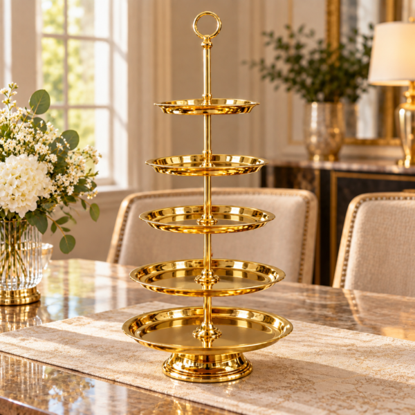 5-tier gold cake and dessert stand displaying assorted pastries