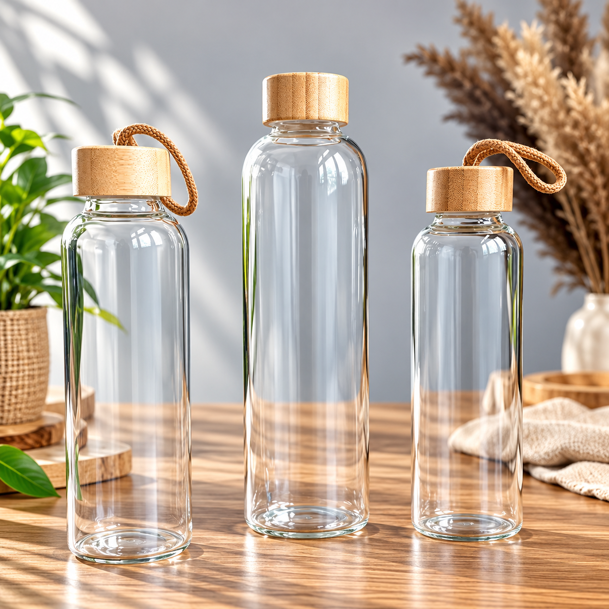 Clear glass water bottles with bamboo caps and rope loops Clear glass water bottles with bamboo caps and rope loops