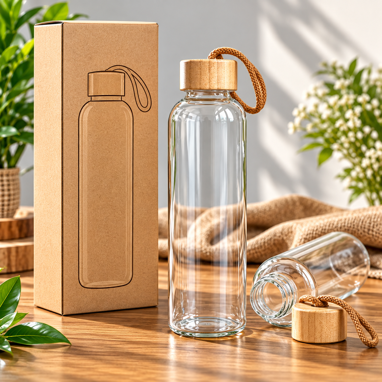 Glass water bottle with bamboo cap and kraft gift box Glass water bottle with bamboo cap and kraft gift box