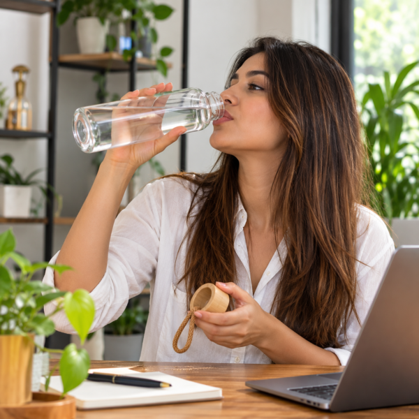 Woman using clear glass water bottle with bamboo cap