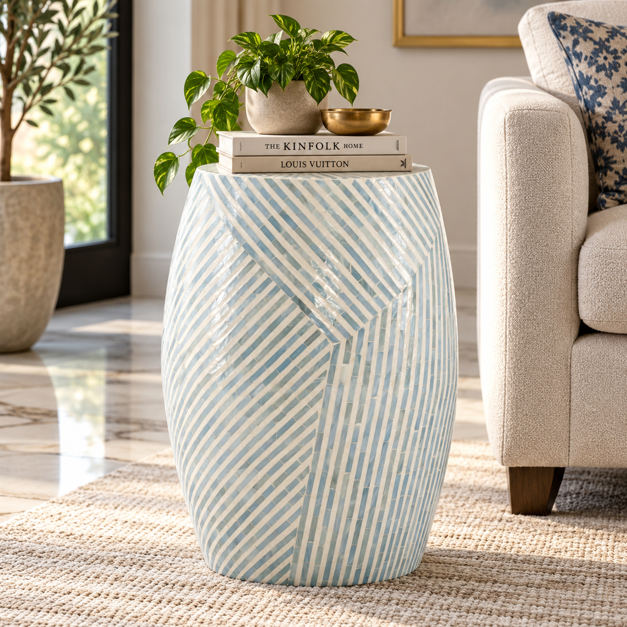 blue-bone-inlay-side-table-closeup.webp Close-up of handcrafted blue and ivory bone inlay detailing on a cylindrical accent table