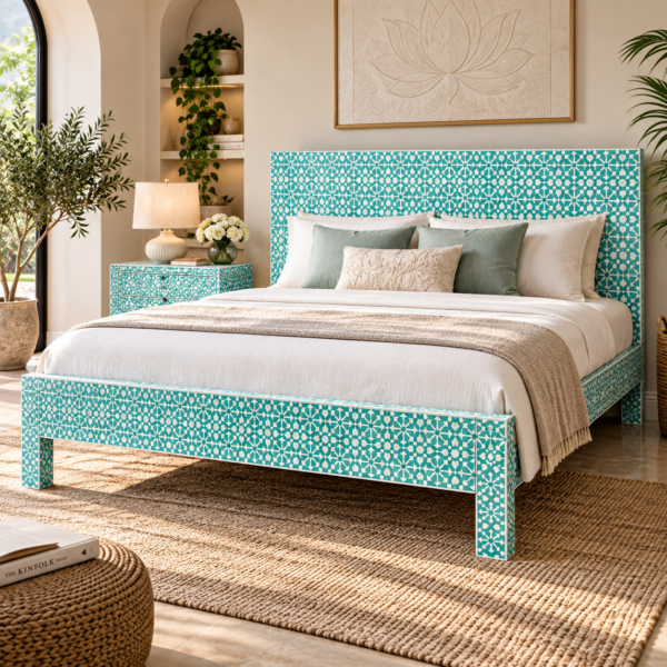 Turquoise and white bone inlay platform bed with Moroccan pattern