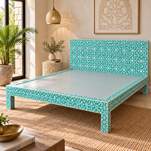 Turquoise and white bone inlay platform bed with Moroccan pattern