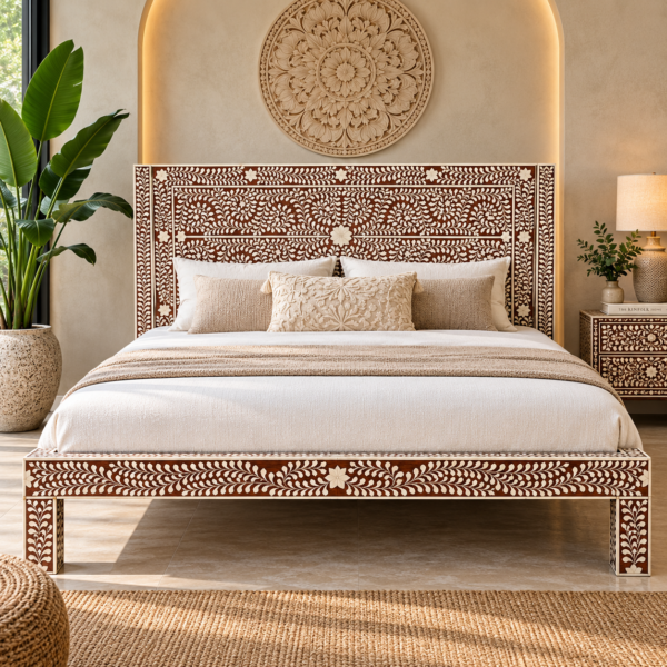 Brown and white bone inlay platform bed with floral pattern