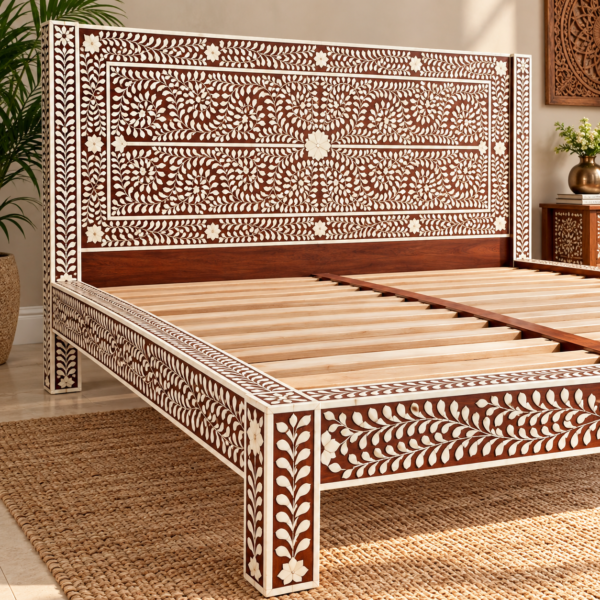 Intricate floral bone inlay headboard in brown and white